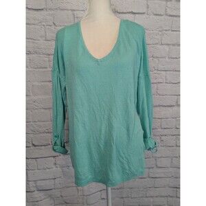 Banana Republic Linen Blend Blue Green knit sweater Size Med roll‎ tab sleeves